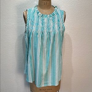 Lilypad Women's Large Striped Teal White Ruched Ruffle Sleeveless Top‎ NWT